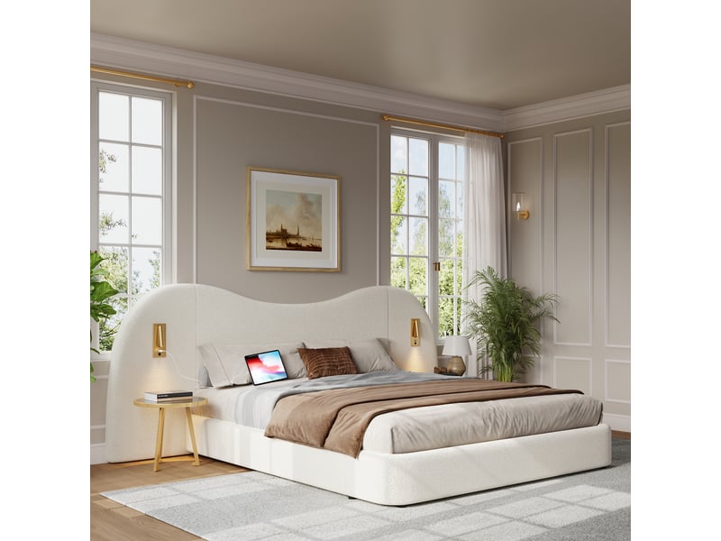  Lit coffre double 180 x 200 cm avec lampes de lecture et usb, lit rembourré, structure anti-glissement, structure stable, bouclé, blanc Morn Vibe - Conforama B