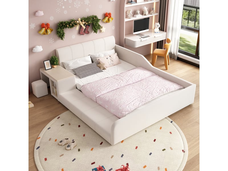 Lit enfant rembourré 140 x 200 cm avec bureau, tabouret, étagère, tête de lit moelleuse et sommier à lattes en bois, velours, blanc CozyNest - Conforama D