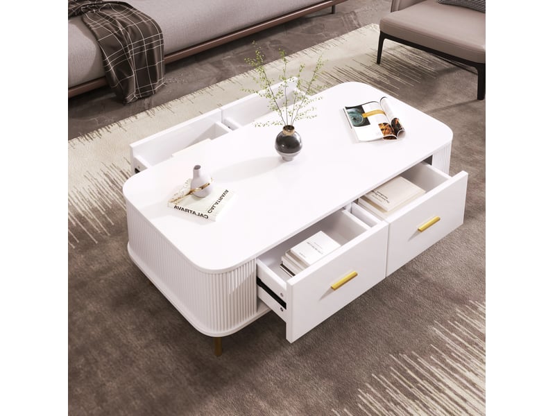  Table basse 105x51x38 cm 4 tiroirs grand rangement bords arrondis sécurité coulissant mdf poignées pieds dorés blanc  - Conforama B
