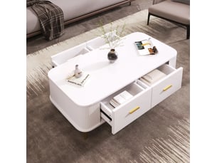 Table basse 105x51x38 cm 4 tiroirs grand rangement bords arrondis sécurité coulissant mdf poignées pieds dorés blanc