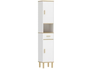 Meuble colonne salle de bain, meuble de rangement étroit avec 2 portes, tiroir, blanc, compartiment ouvert