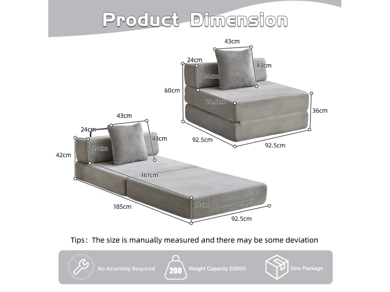  Canapé convertible sol, canapé lit pliable, avec soutien à la dossier en oreiller et accoudoirs, lit une personne confortable, tissu velours, pour salon et chambre, gris clair  - Conforama E