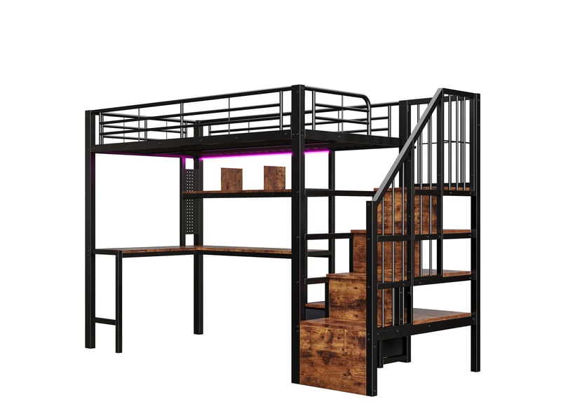 Lit mezzanine 90x200 cm métal noir avec led, bureau, tiroirs et rangements - Conforama E