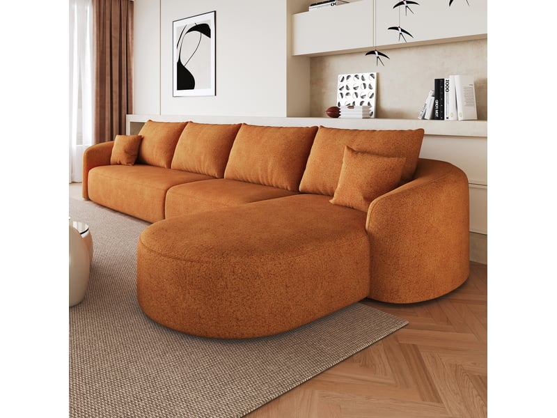 Canapé d’angle droit 4 places en tissu chenille orange, 336x168x85 cm - Conforama R