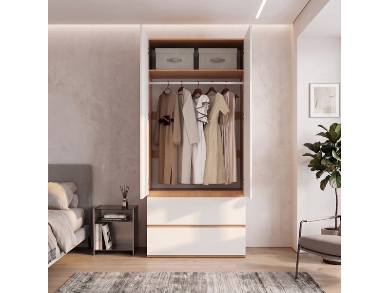  Armoire 2 portes avec rangement supérieur, 90 x 50 x 200 cm, 2 tiroirs et tringle, blanc et bois clair, pour chambre  - Conforama D