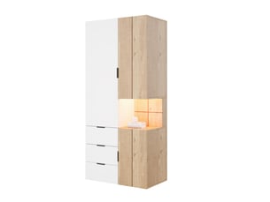 Armoire penderie de chambre 90x49x200cm, garde-robe moderne avec led et tiroir à bijoux, mdf scandinave 2 tringles et 4 tiroirs, blanc et bois