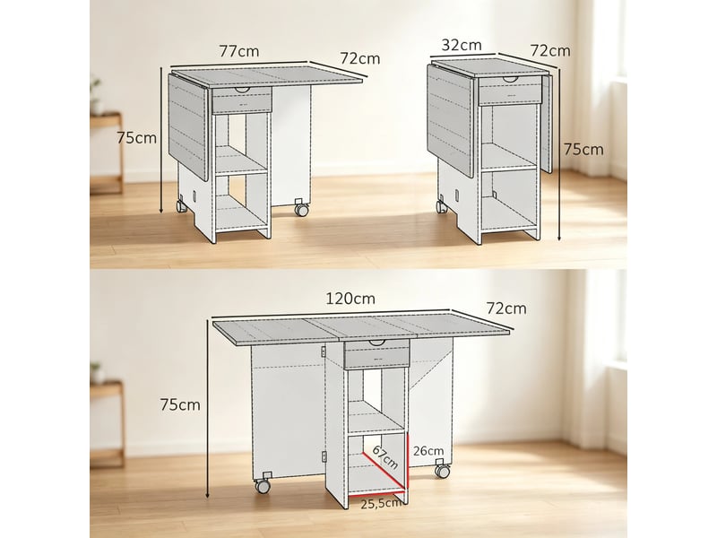  Table à manger pliant extensible 120 cm, table cuisine avec 2 rallonges rabattables pour 2 à 4 personnes, gain de place avec rangement - noir et bois  - Conforama C