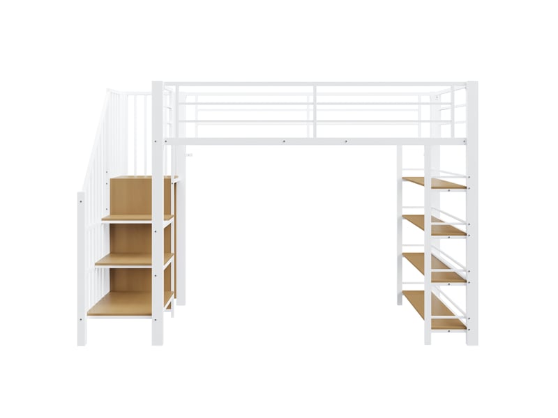  Lit mezzanine 90x200 cm blanc, escalier sécurisé, armoire, étagères, rangements et barrières hautes  - Conforama A