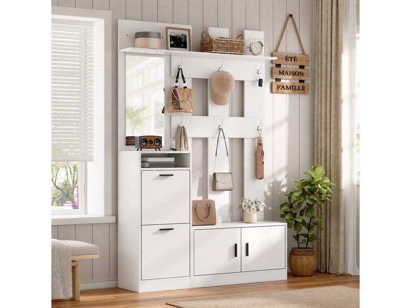  Meuble d’entrée avec miroir et rangement chaussures, 6 patères, 120 x 30 x 180 cm, blanc  - Conforama C