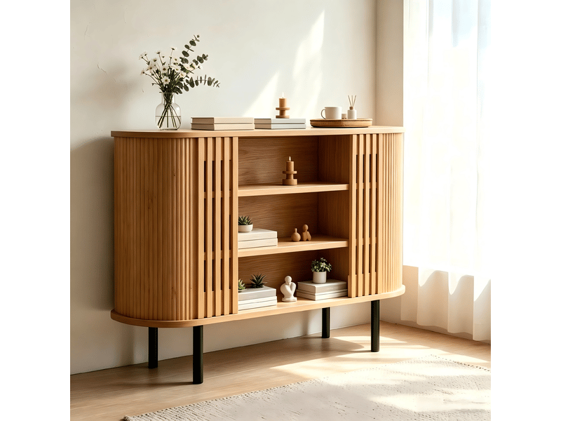  Buffet bas 120x40x80 cm avec 3 niches ouvertes et structure ajourée à lattes, meuble de rangement avec 4 pieds réglables en métal, mdf, naturel Seren Glow - Conforama B