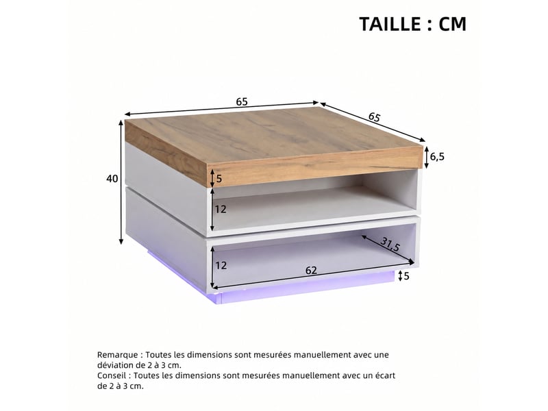 Table basse carrée 65 x 65 x 40 cm, plateau pivotant 360°, led et rangements, blanc et effet chêne - Conforama E