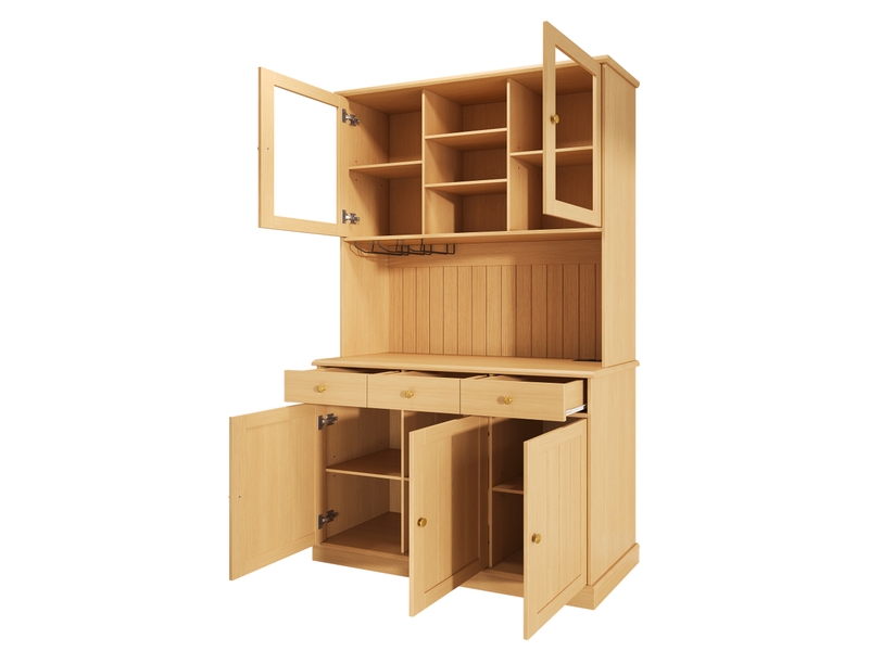 Buffet haut bois naturel avec portes vitrées et prises 120 x 40 x 191 cm Fay Lum - Conforama E