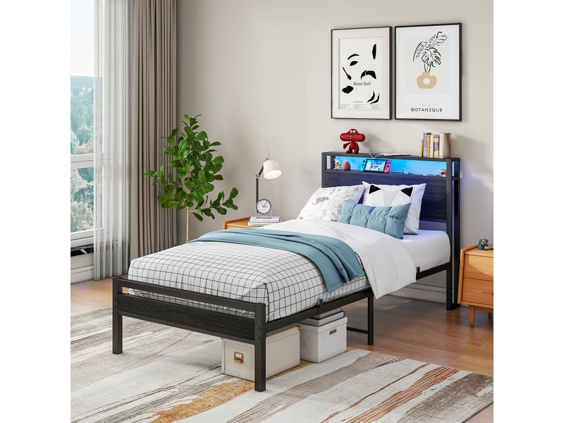 Lit coffre, lit enfant 90x200 cm, tête de lit avec rangement, led, métal et bois noir, usb  - Conforama R