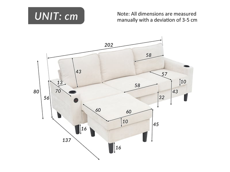 Canapé convertible d'angle en lin beige avec pouf, ports usbtype-c et porte-gobelets - 202 x 137 x 80 cm - Conforama E