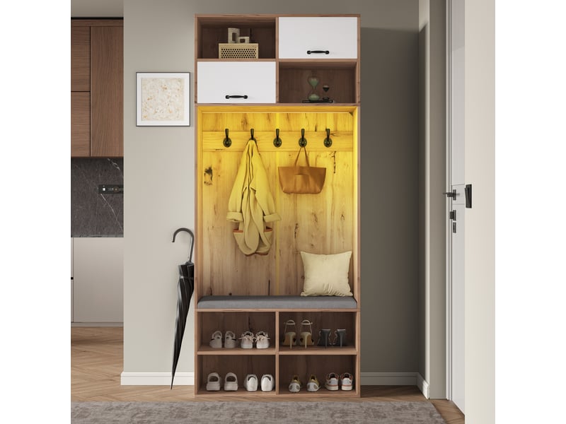  Ensemble armoire, ensemble complet d'armoire de couloir avec banc, 5 crochets, 2 portes et 6 espaces de rangement ouverts - couleur bois naturel et N657P33159394N - Conforama E