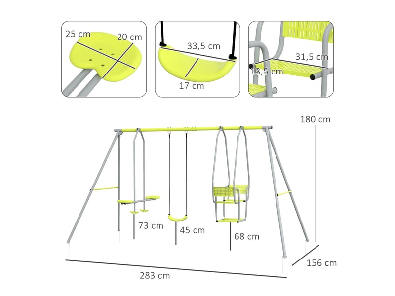  3 en 1 balançoire portique enfant avec 2 face à face et 1 siège de balançoire charge max. 225 kg vert  - Conforama C