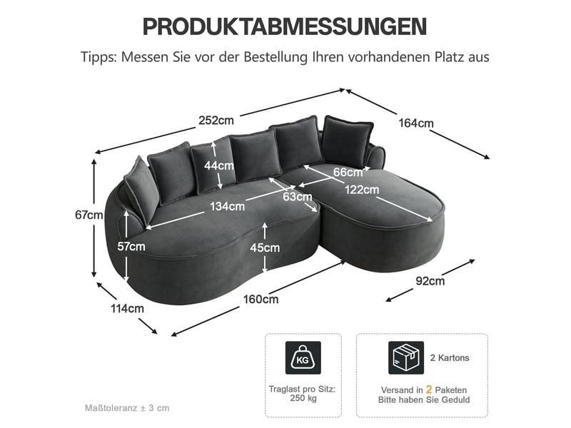  Canapé modulaire d’angle 3 pl 252x164x67 cm, pour salon, sans cadre, canapé comprimé, assise profonde, chenille, gris  - Conforama C