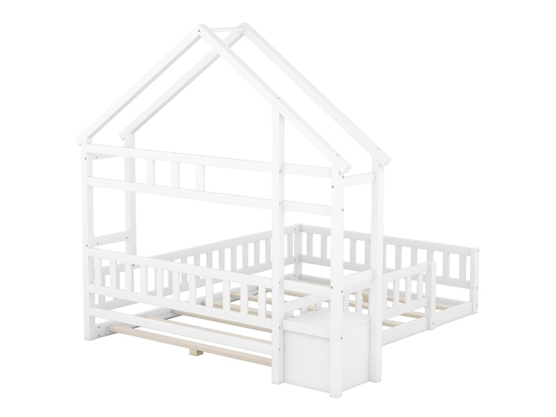  Lit enfant blanc 140x200 cm style maison, garde-corps et table de chevet  - Conforama E