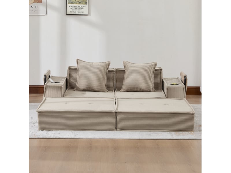  Canapé 2 places modulable en velours côtelé kaki avec 2 coussins  - Conforama D