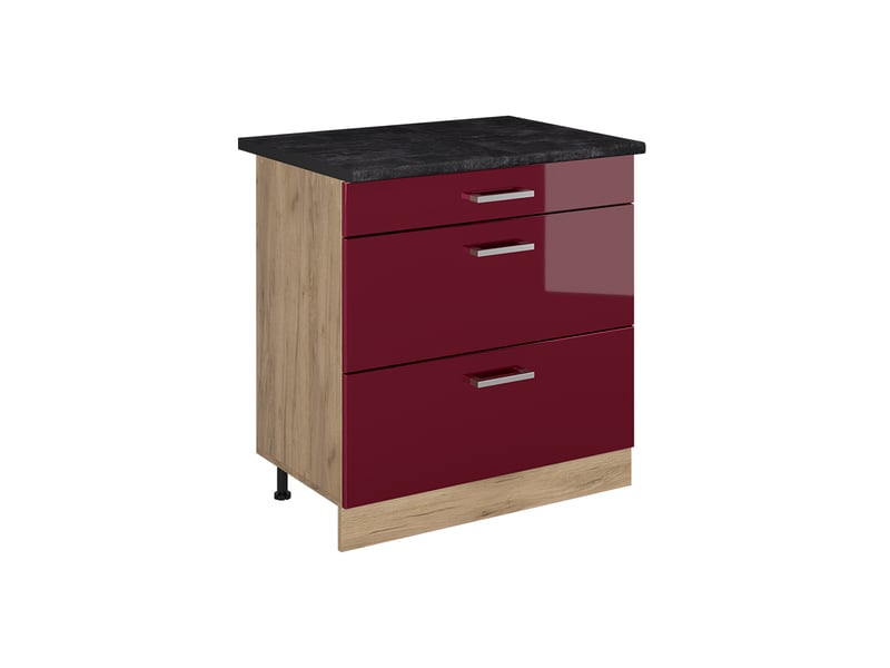  Vicco meuble cuisine, rouge brillantchêne doré, 80cm avec 3 tiroirs plan de travail anthracite  - Conforama A