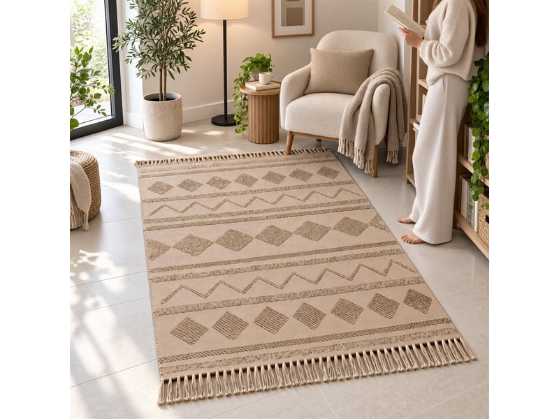  The white stone tapis berbère 160x230 cm beige | 100% coton, antidérapant et lavable à 30°c | motifs géométriques en relief style marocain pour salon et chambre  - Conforama E