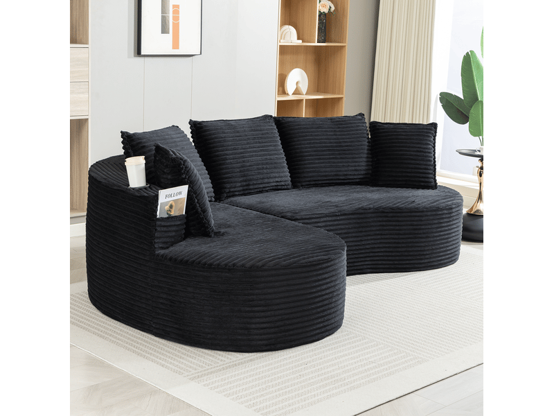 Canapé 3 places incurvé en velours côtelé noir avec porte-gobelets et poches latérales - Conforama C