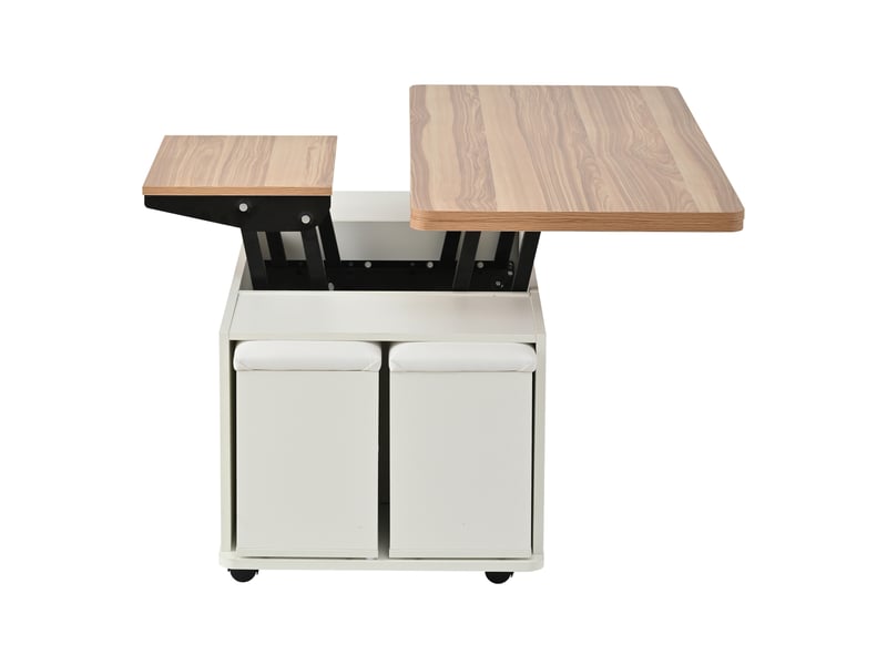 Table basse réglable en hauteur, table d'appoint mobile, table basse multifonctionnelle 4 en 1 transformable en table de salonsalle à manger, table basse avec tiroirs, avec 4 tabourets, coloris blanc et bois naturel  - Conforama D