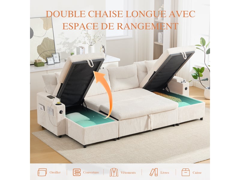  Canapé d'angle convertible 4 places en velours côtelé beige 272x136x86 cm avec rangement, usb-c et porte-gobelets 272x136x86cm - Conforama R