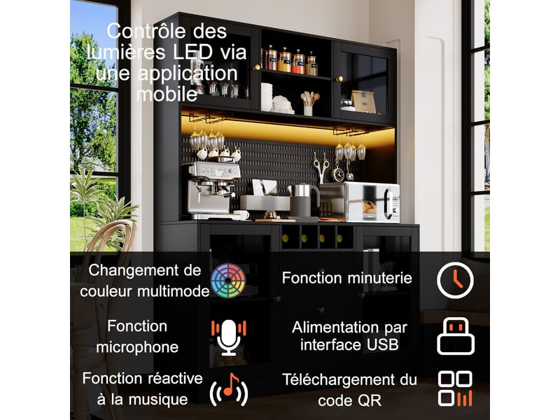  Buffet 140*40*185.7 cm avec éclairage led intelligent,4 portes 3 tiroirs - meuble de cuisine avec casier à vin - pour salon - noir  - Conforama D