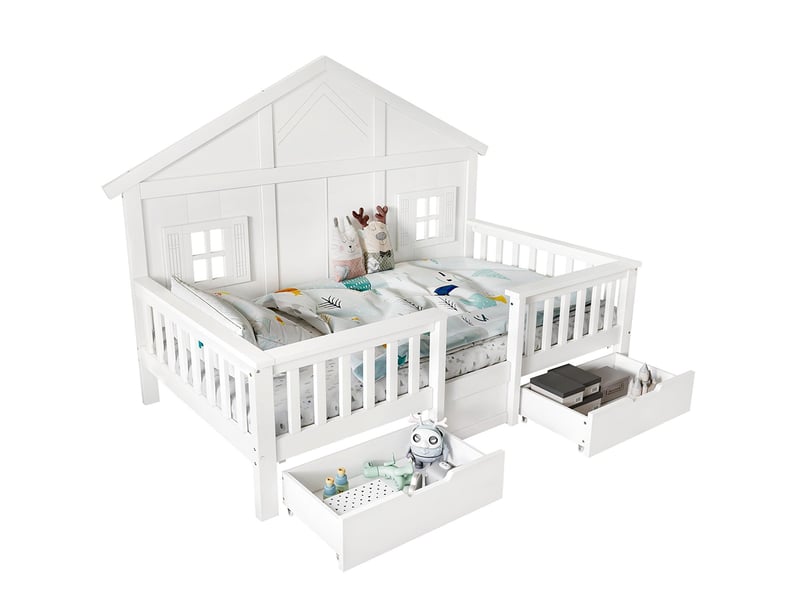 Lit avec rangement en bois lit simple enfant deux grands tiroirs roulettes fenêtres toit sommier à lattes stable pin mdf contreplaqué blanc 90x200cm  - Conforama A