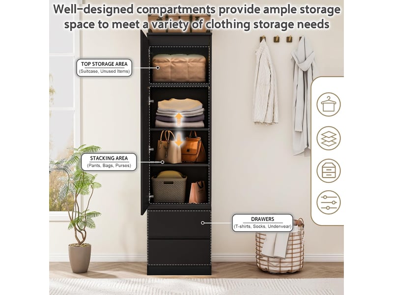 Armoire - wumagin - bois massif- avec 2 tiroirs, 4 compartiments - porte simple - 33x40x180cm - pour chambre, salon, entrée - noir - Conforama E