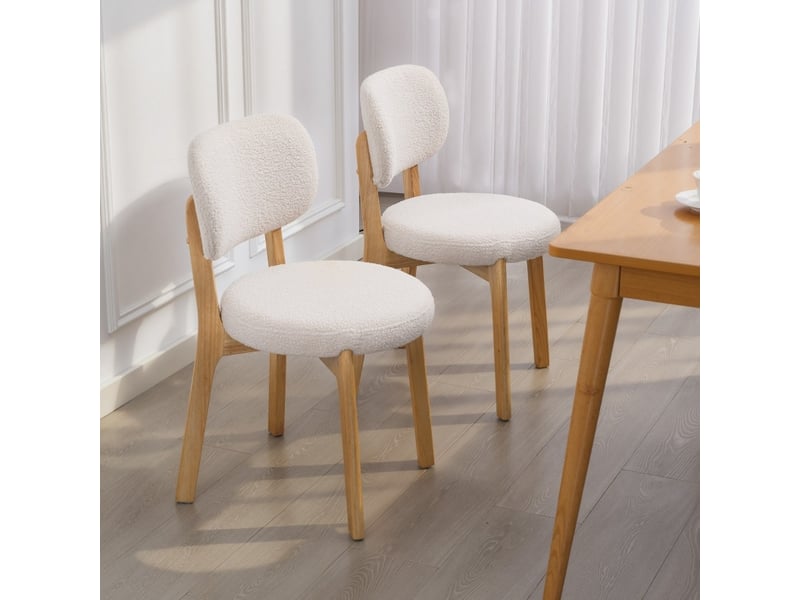  Chaises de salle à manger lot de 2, assise large et dossier incurvé en tissu bouclette crème  - Conforama E