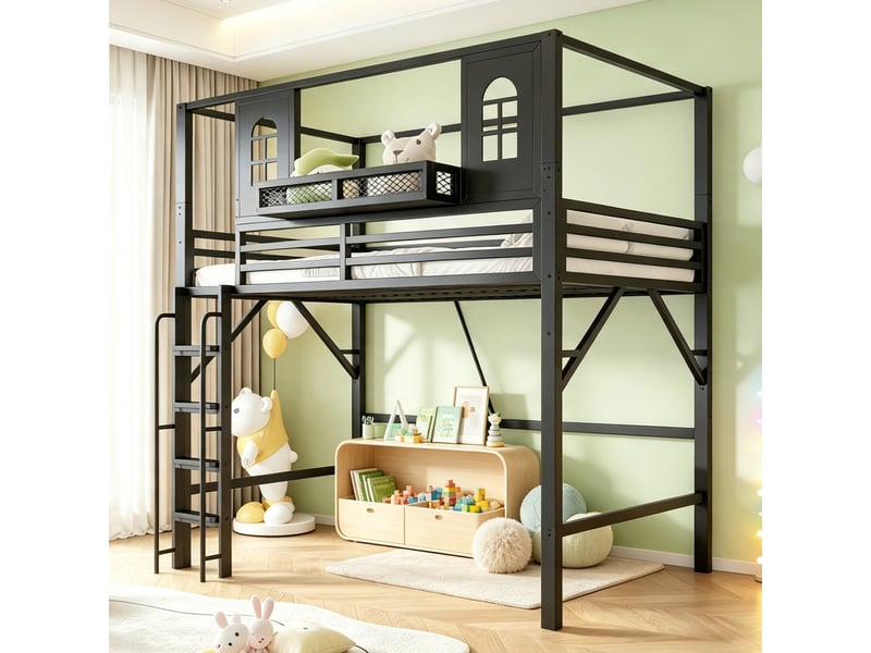  Lit mezzanine enfant 90x200 cm en métal noir avec toit et étagère, sans matelas  - Conforama A