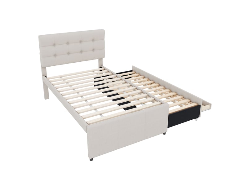  Lit simple 90x200 cm avec gigogne 90x190 cm et 3 tiroirs, lin, beige, sans matelas  - Conforama R