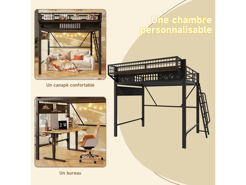 Lit mezzanine 140x200 cm, rangements, espace inférieur ouvert, structure métal, noir OMNIGLINT TRADING LTD - Conforama E