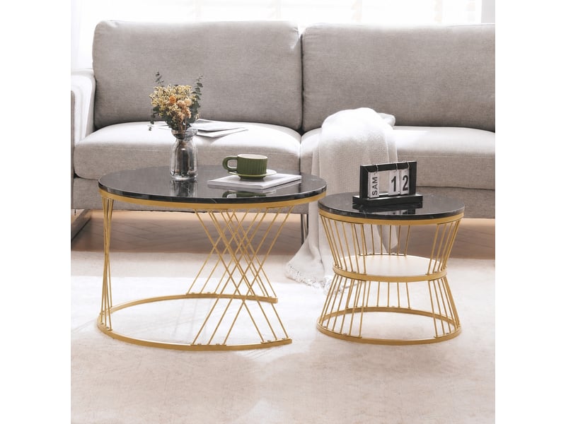  Lot de 2 tables basses rondes gigognes, effet marbre, structure métal, noir et doré  - Conforama E