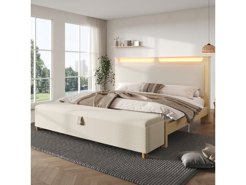 Lit avec rangement 180x200 cm - lit double avec tête de lit led et coffre banc - sans matelas - chêne clair et beige - Conforama D