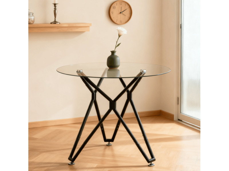 Table à manger ronde 90 cm en verre trempé noir avec pieds en métal - Conforama D