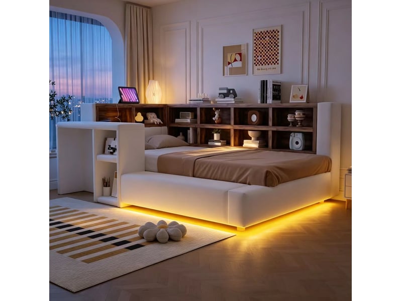  Lit simple 90x200 cm rangement, éclairage led en velours beige  - Conforama C