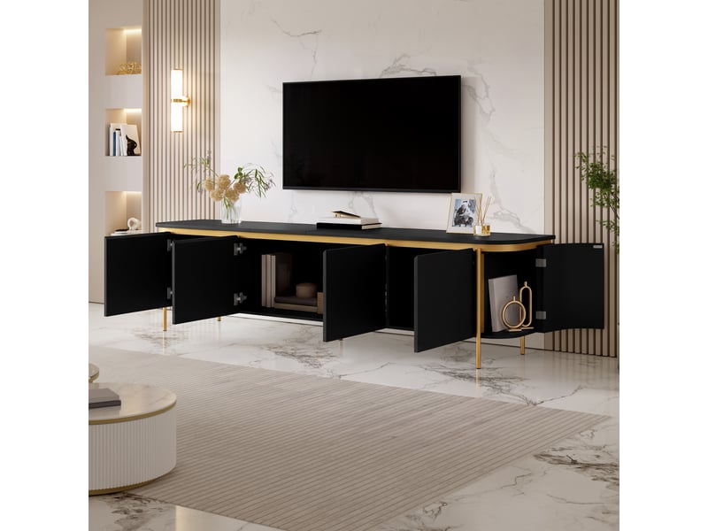 Meuble tv 180x38x46 cm - 6 portes sans poignée, passe-câbles intégré, pieds métalliques, mdf-noir ABC - Conforama B