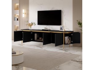 Meuble tv  180x38x46 cm - 6 portes sans poignée, passe-câbles intégré, pieds métalliques, mdf-noir