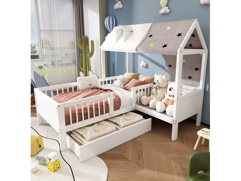  Modenvie lit cabane enfant 90x200 cm - avec tiroirs de rangement, sommier inclus, sans matelas - blanc  - Conforama B