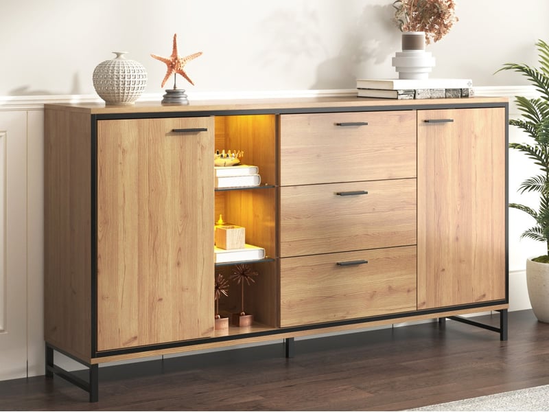  Buffet cuisine à trois tiroirs, 160 x 40 x 85 cm, meuble de rangement avec compartiments de rangement,  pour salon, naturelle  - Conforama B