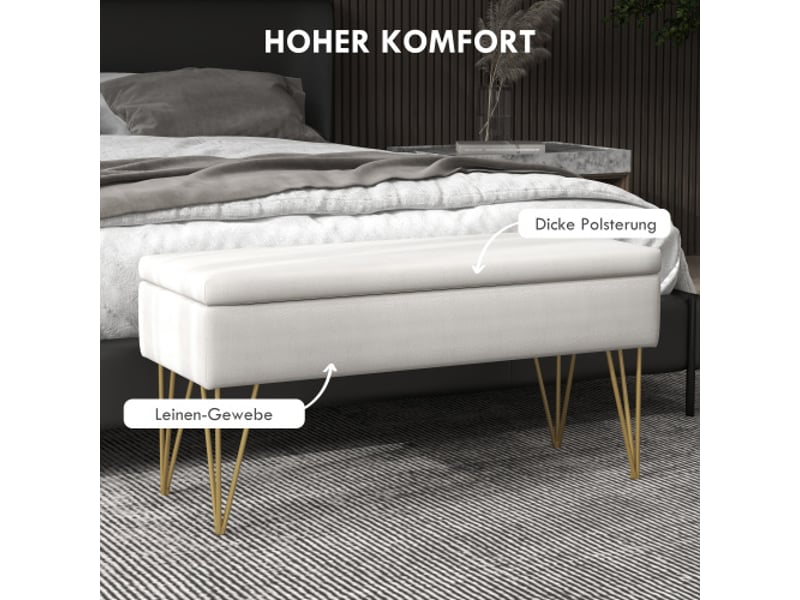  Banc coffre crème 100x40x49 cm, rembourré, aspect lin, pieds en acier, salon et chambre  - Conforama E