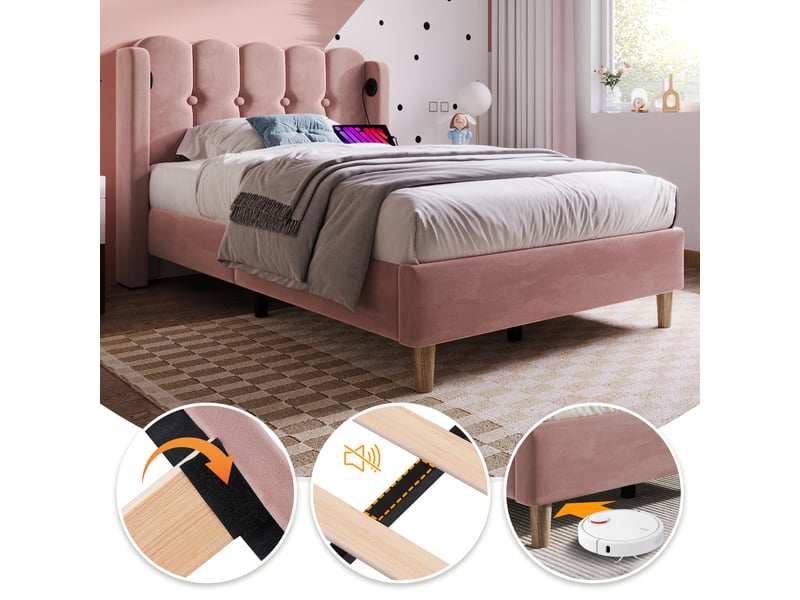  Lit rembourré, lit enfant 90x200 cm, usbusb-c, velours rose, matelas inclus  - Conforama D