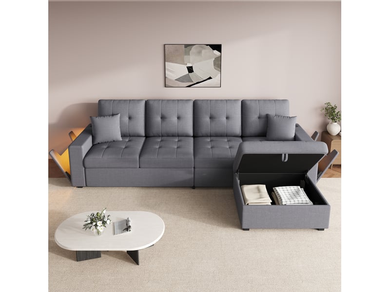 Canapé d'angle modulaire modenvie 4 places avec pouf coffre, rangements, led et prises usb type-c, tissu gris antique 253 x 144,5 x 80,7 cm - Conforama E