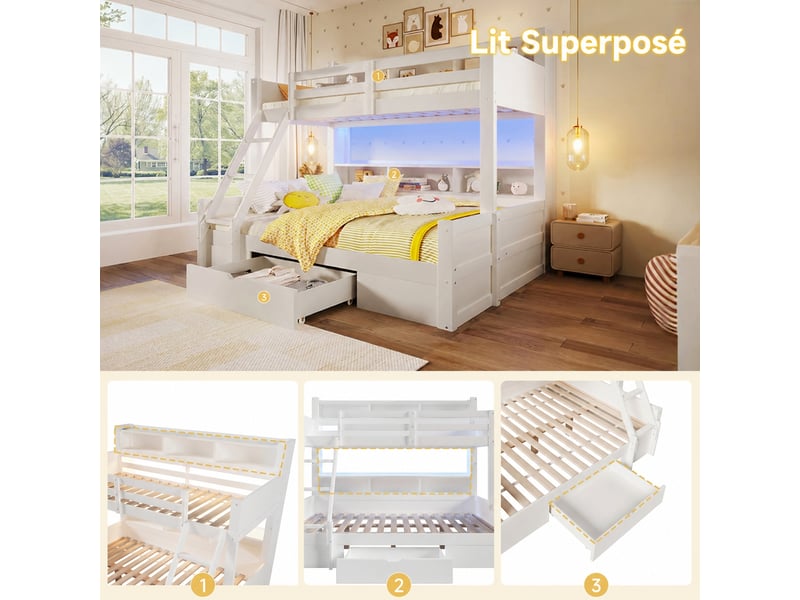 Lit superposé 90x200 et 140x200 cm avec niches, tiroir et led, en pin, mdf et contreplaqué, blanc - Conforama R