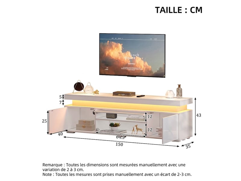  Meuble tv 150 cm blanc avec led - 3 portes finition brillante - rangement salon  - Conforama C