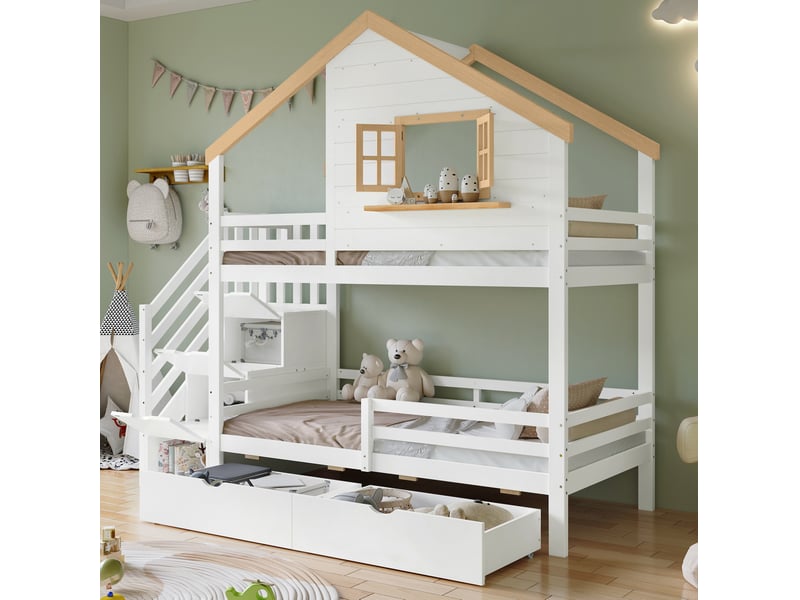  Modenvie lit superpose 90x200 cm - escaliers de rangement, fenetre ouvrante, sans matelas - blanc et naturel  - Conforama D