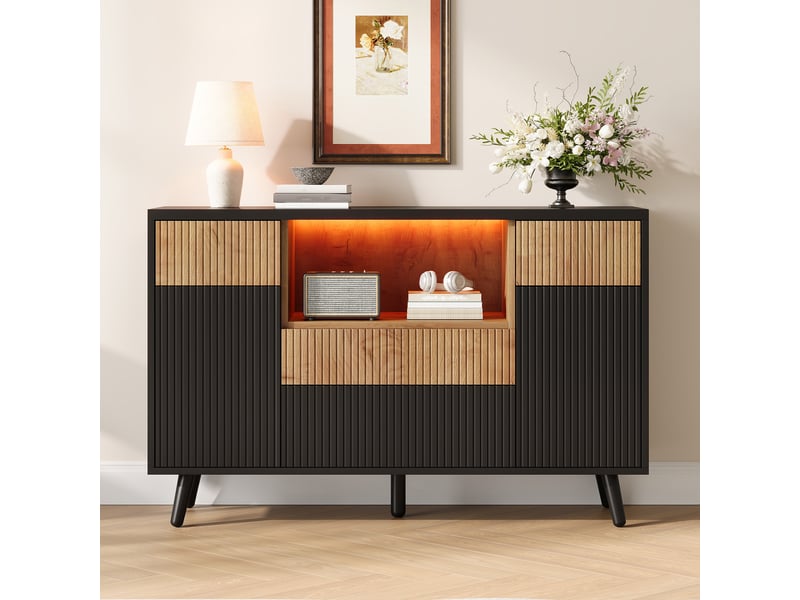 Buffet bas 130x38x85 cm avec 4 tiroirs, led rgb, rangements de porte, étagères réglables, façades rainurées, mdf effet bois naturel et noir - Conforama B
